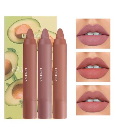 Fusang 3Pcs Nude Matte Lipstick Set Crayon Matte Lip Stain Long Lasting Nude Lipstick for Women Nourishing Lipgloss Set Moisture Smooth Matte Lip Stick Waterproof Velvet Lip Gloss Set(Set B)