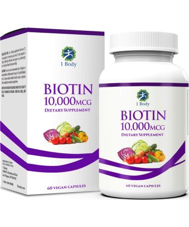 1 Body Vegan Biotin Supplement  Biotin 10000mcg  Hair Vitamins Skin and Nails Care for Women and Men  Hair Pills Formula Supports Hair Growth Stronger Nails and Healthier Skin  60 Day Supply