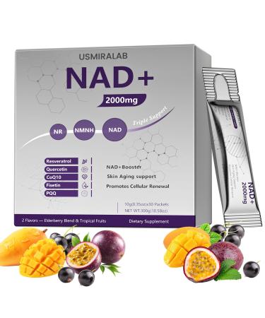 NAD+ Supplement Packets | 1000mg Liquid | Advanced Nicotinamide Riboside Trans-Resveratrol PQQ & Quercetin Complex for Cellular Energy & Healthy Aging Support - 2 Flavors (30 Count)