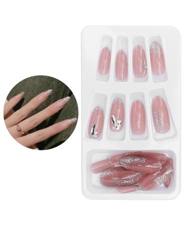 24PCs fake nails matt and sparkle in single -colored long false nails almond on press nails press on fake nails tips artificial full cover coffin wrong nails tips for women
