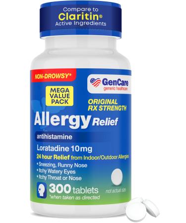 GenCare 24 Hour Nondrowsy Allergy Relief Tablets Loratadine 10mg 300 Count Daily Allergy Medicine Non Drowsy Antihistamine for Adults & Kids Age 6+ Generic for Clariten 10 mg Single Tablet Dose