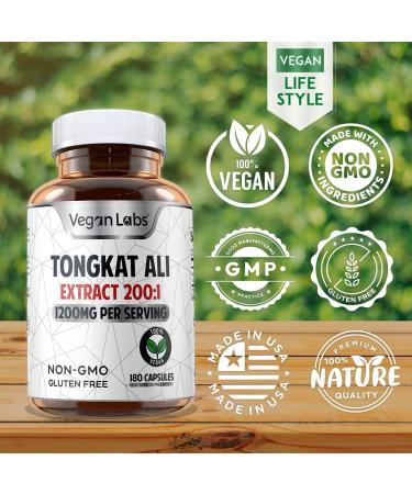 Vegan Labs Tongkat Ali 200:1 Extract - 1200MG Energy & Stamina Support - 180 Vegan Capsules - Gluten Free & Non-GMO Supplement - Buy Online on GoSupps.com