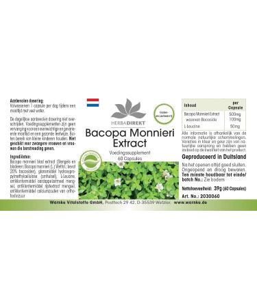 Bacopa Monnieri - Extract with 20% Bacoside - 60 Capsules | herba direkt - Quality from German Pharmacies - Buy Online on GoSupps.com