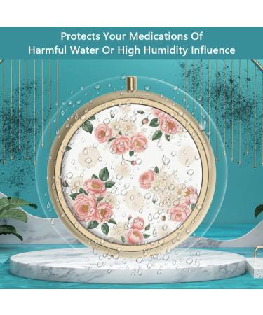 Retro Pink Floral Pill Can Box with Mirror - 3 Compartment Small Round Container for Vitamins & Supplements | Bronze Dose Organizer - Buy Online on GoSupps.com