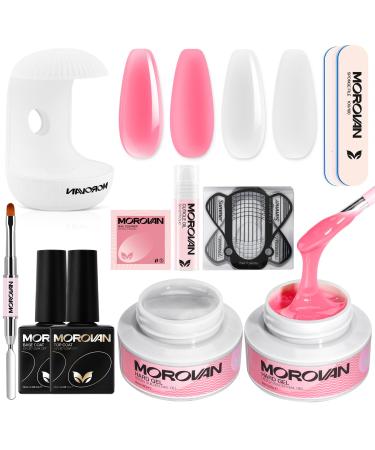 Morovan Builder Gel Polish: Solid Gel Nail Polish Kit Clear and Pink Hard Gel for Nails for Nail Extension False Nails Solid Gel Polish Kit with U V Lamp Cuticle Oil