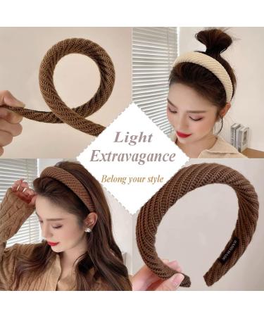 Set of 3 Knitted Padded Headbands for Women Girls 1.2 inch Wide Solid Hairbands Non-Slip Hair Hoops for hair Black Brown Ivory - Buy Online on GoSupps.com
