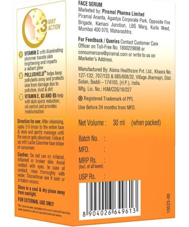 Lacto_Calamine. Vitamin C Face Serum with 98% Pure Vitamin C Complex | 30ml | Glowing Skin with Niacinamide | Vitamin C Serum For Dark Spots Reduction & Moisturization | Pollushield Vitamin E B3 & B5 - Buy Online on GoSupps.com