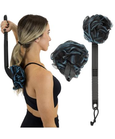Vive Long Handled Loofah on a Stick - Mesh Back Sponge for Bath Reusable w/Extra Pouf - Exfoliating Scrubber for Elderly & Disabled Soft Loofa for Bathing Men & Women Interchangeable Loofah Handle Black 1.0