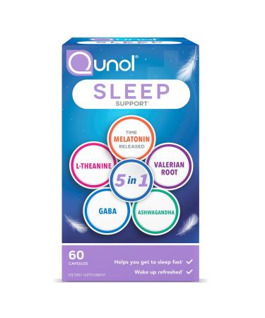 Qunol Sleep Support, 5 in 1 Non-Habit Forming Sleep Aid, Supplement with time-released Melatonin 5mg, Ashwagandha, GABA, Valerian Root, L-Theanine, 60ct Capsules 60 Count (Pack of 1) Sleep Support