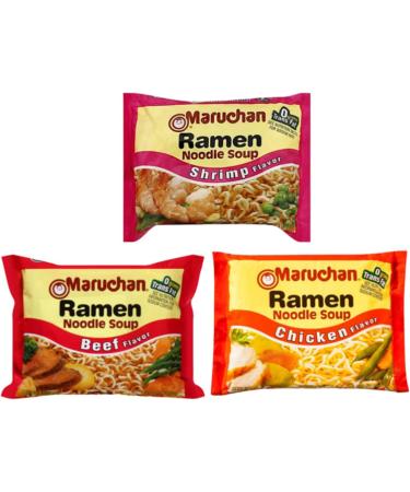 Ja Cor Instant Ramen Noodle Soup Variety Pack 3 Flavors (4) Chicken (4) Shrimp (4) Beef Flavor Noodles Bulk 3 oz Bundle with 1-Set of Reusable Chopsticks (12 Individual Packs) - Buy Online on GoSupps.com