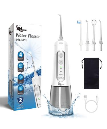 Cordless Water Dental Flosser oral irrigator JNGOODS 300ml Rechargeable water flosser for teeth IPX7 Waterproof 4 Modes portable Oral Irrigator with 4 jet tips Travel Home use (White)