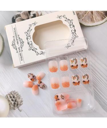 Fall Press On Nails - Short Square Fake Nails with Gold Glitter French Tip | Full Cover Autumn Design | Pumpkin Maple Leaf & Thanksgiving Nails | Glue on Acrylic Manicure - Buy Online on GoSupps.com