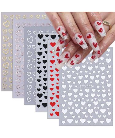 6 Sheets Valentine's Day Nail Stickers 3D Heart Nail Art Stickers Decals Black White Red Gold Silver Heart Nail Design Nail Decals Valentines Nail Supplies for Women Acrylic Nail Decoration DIY heart-6