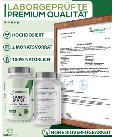 Naturally Lion's Mane Capsules - 180 Vegan Capsules | 1950mg 30:1 Extract | Premium Hericium Erinaceus | Made in Germany | Boost Your Focus & Clarity - Buy Online on GoSupps.com