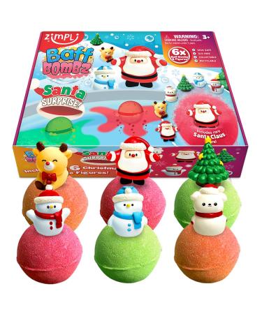 ZIMPLI Zimpli Kids 6 Pack Large 100g Surprise Bath Bombs - 6 Pack Surprise Christmas Toys Inside - Collectible Gifts for Kids Chris