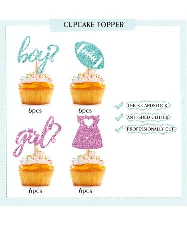 Boy Or Girl Cupcake Toppers Pink & Blue Glitter Baby Shower Cupcake Picks Dress Or Rugby/He Or She Cake Decorations for Gender Reveal/First Birthday Party - 24pcs - Buy Online on GoSupps.com