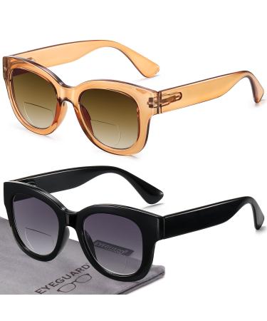 Eyeguard 2 pieces oversized bifocal reading glasses for women UV400 protection outdoor glasses with spring hinge sunglasses readers black/brown 2.5 x