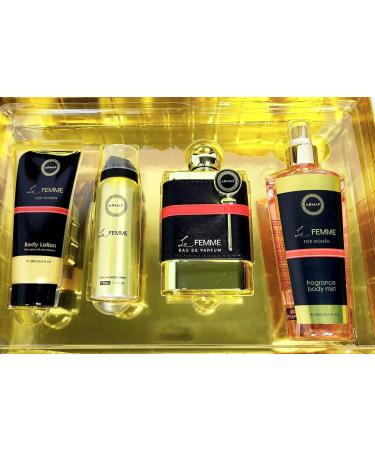 ARMAF Le Femme 4-Piece Set for Women (3.4 Oz Eau De Parfum + 3.4 Oz Body Lotion + 1.7 Oz Body Spray + 8.4 Oz Body Mist) 4.23 Ounce (Pack of 4) - Buy Online on GoSupps.com