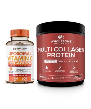 Wholesome Wellness Liposomal Vitamin C Capsules + Multi Collagen Protein Powder Hydrolyzed Bundle