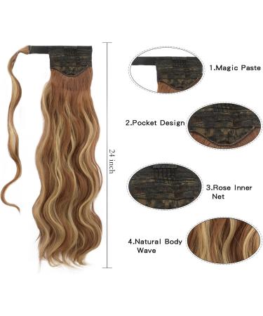 FESHFEN Long Wavy Ponytail Extensions 60cm Body Wavy Wrap Around Hair Brown & Blonde | Curly Clip in Synthetic Hairpiece for Women & Girls - Buy Online on GoSupps.com