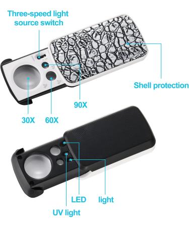 3 Pieces Jewelers' Loupe  30X 60X 90X Illuminated Jewelers Eye Loupe Magnifier  Portable Loupe Magnifier with UV Black Light  with 10x Loupe Magnifier for Jewelry Coins Gems Stamps Watches Rocks - Buy Online on GoSupps.com