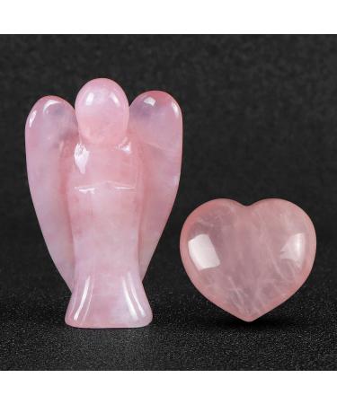 Artistone Rose Quartz Crystal Angel Figurine and Heart Healing Set Hand Carved Pink Pray Angel Heart Stone Chakra Reiki Balancing Set for Collection Mental Healing(Gift Box) Rose Quartz(2pcs)