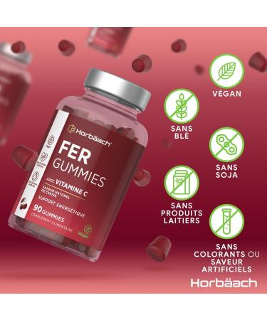 Iron Gummies Adult 14mg with Vitamin C | 90 Vegan Cherry Flavor Gummies | Iron & Vitamin C Dietary Supplement | Iron Supplement | by Horbaach - Buy Online on GoSupps.com