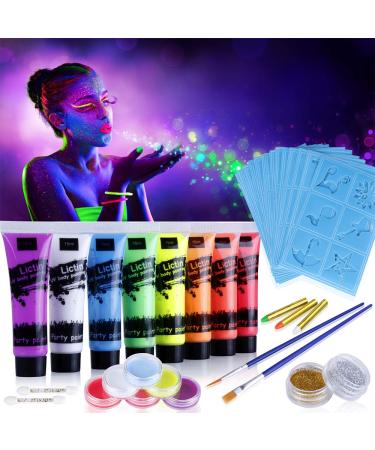 Lictin 43pcs Ultraviolet Glow Face Body Paint Set 8pcs UV Body Paint with 6pcs Face Paint 2pcs Glitter 3pcs Crayon Club Makeup Art Paint Kit for Adults Kids Party Carnival 43 Count(Pack of 1)