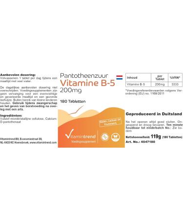 Vitamine B5 Acide Pantoth nique 200mg - V gan - Boite de 180 comprim s - ! POUR 6 MOIS ! | Vitamintrend  - Buy Online on GoSupps.com