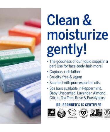 Dr. Bronner's Almond Pure Castile Bar Soap - 3-in-1 Organic Oil Blend for Face, Body, Hair - Fair Trade, Vegan - 140g Bar - Buy Online on GoSupps.com