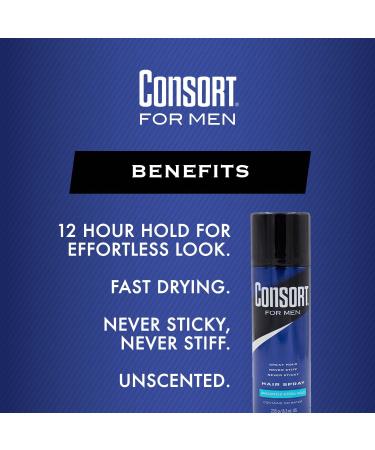 Consort Extra Hold Unscented Aerosol Hair Spray for Men 8.3 oz The Ultimate Mens Hairspray for Thin Hair and Mens Grooming Needs Dry Look Styling 8.3 Ounce (Pack of 1) Scented Extra Hold Aerosol - Buy Online on GoSupps.com