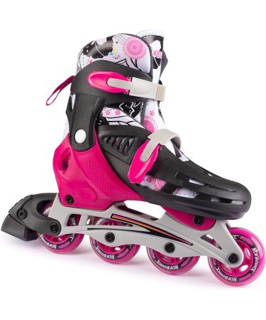 New Bounce Adjustable Inline Skates for Kids and Adults - 4 Wheel Blades Roller Skates for Girls and Women Outdoor Rollerskates for Beginners & Advanced | Pink Medium (3-6 US