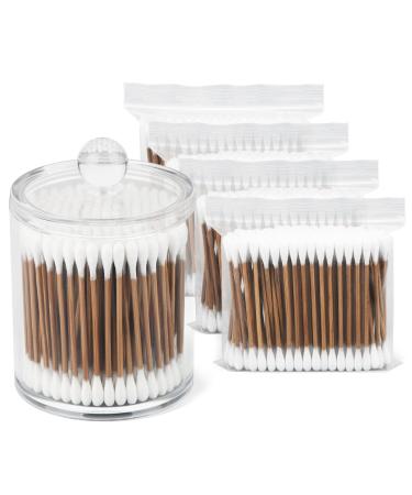 Simetufy 600ct Cotton Swabs with Holder(15oz), Strong Carbonized Bamboo Sticks Cotton Swabs for Ears, Double Round Cotton Buds for Daily Cleaning, Plastic Apothecary Jar for Bathroom Makeup Organizer