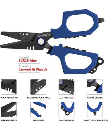 SAMSFX Fishing Braid Line Scissors with Titanium Coating, Dual-Serrated Blade, Kraton Handle, Sheath, Lanyard - Blue Kraton Handle - Buy Online on GoSupps.com