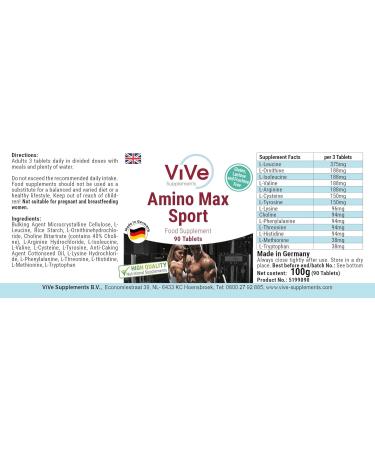Amino Max Sport - 90 Tablets - 13 Essential Amino Acids - High Dose - Quality from Germany | Vive Supplements - Buy Now! - Buy Online on GoSupps.com