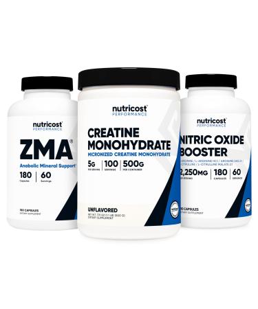 Nutricost Creatine 500 Grams Nitric Oxide 180 Capsules and ZMA 180 Capsules Bundle