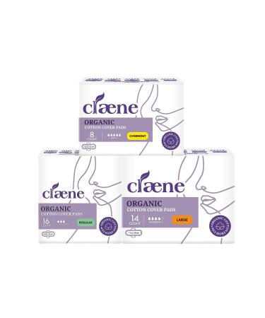 Claene Organic Cotton Cover Pads Cruelty-Free Menstrual Overnight Sanitary Pads for Women Unscented Breathable Vegan Organic Pads Natural Sanitary Napkins with Wings 38 Piece Assortment