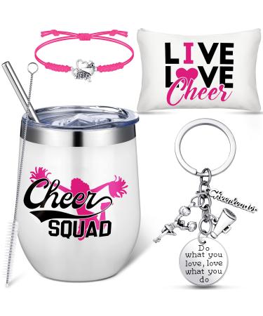 4 Pcs Cheerleader Gifts Set for Girls 12 oz Cheerleader Gifts Tumbler Cheer Makeup Bag Adjustable Cheerleading Bracelet Cheerleader Charm Keychain Cheer Squad Gift Bottle for Teens Kids Accessories
