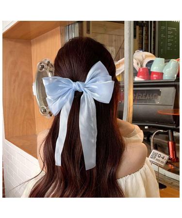Inilbran Vintage Silk Bow Hair Clips Long Silk Satin Bow Hair Clips French Chiffon Hair Clip Barrette Long Silk Ribbon Bow Hair Clips Headpiece Large Silky Bow Hair Accessories blue