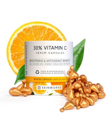 SKINWORKS ULTRA POTENT 30% Vitamin C Serum for Face Vitamin E Ferulic Acid Facial Glow Serums for Brightening Dark Spots Anti-Wrinkle Anti-Aging Unscented 30 Capsules 0.61 Fl Oz (BIODEGRADABLE) 30 Count