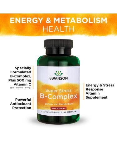 Swanson Vitamin B-Complex with Vitamin C - Stress Relief & Energy Support - 100 Capsules - Buy Online on GoSupps.com