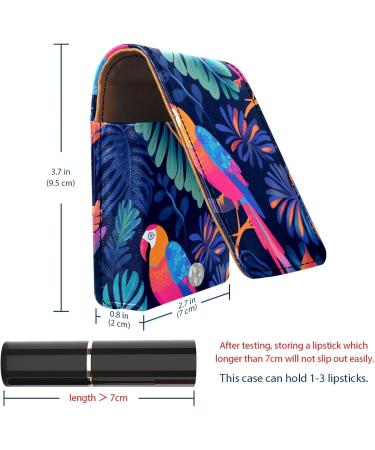 Colorful Leather Lipstick Case with Mirror - Mini Lip Gloss Organizer - Tropical Jungle Leaves & Parrots Design - Buy Online on GoSupps.com