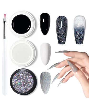 Gel Nail Polish Set - Glitter Gel Nail Polish Black & White Nail Polish Shimmering Holographic Nail Polish Soak Off UV Gel Nail Art Painted Gel for Manicure DIY At Home Women Girl Holographic Set
