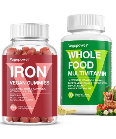 VEGEPOWER Whole Food Multivitamin + Iron Gummies | Whole Food Supplement for Energy Gut Immune Health | Blood Builder & Energy Support for Iron Deficiency Anemia 90 Ct