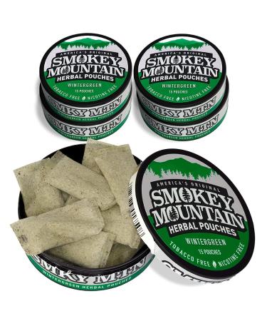 Smokey Mountain Pouches - Wintergreen - Nicotine-Free and Tobacco-Free - 5 Cans - 15 Energy Pouches Per Can Wintergreen w/ Caffeine