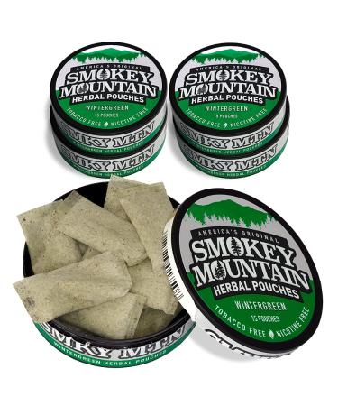 Smokey Mountain Pouches - Wintergreen - Nicotine-Free and Tobacco-Free - 5 Cans - 15 Energy Pouches Per Can Wintergreen w/ Caffeine - Buy Online on GoSupps.com
