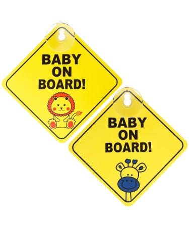 TIESOME 2 pcs Baby on Board Car Warning Baby on Board Sticker Sign for Car Warning with Suction Cups Baby in Car Sticker for Car Window Cling Reusable Baby on Board Sticker Decal (Giraffe + Lion)