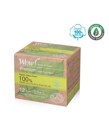 WOW Premium 100% USDA Certified Organic Cotton Regular Medium Pads Ultra Slim Natural Sanitary Napkins with Wings 9.8(25cm) 12 Total for Sensitive Skin 9.8 / Medium(25cm)