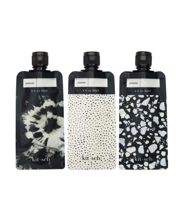 Kitsch Refillable Flat Pouch Travel Bottles Set, Leak-Proof Travel Bottles for Toiletries, TSA-Approved Travel Size Toiletries Containers, 3oz Reusable Travel Bottles for Shampoo, Back to School Pack of 3 Black & Ivory