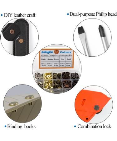 125 Sets Chicago Screws Assorted Kit - DIY Leather Craft Rivets in 5 Colors - 4mm Screw Rivets for Book Binding, Leatherwork - Black, Silver, Golden, Bronze - Buy Online on GoSupps.com